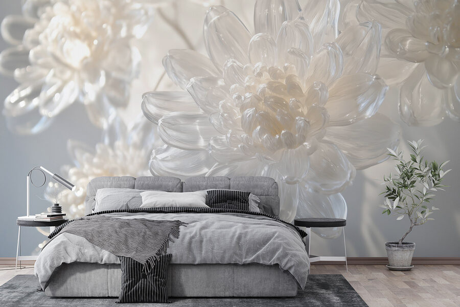 Delicate glass floral sculptures displayed.