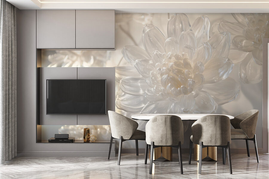 Delicate glass floral sculptures displayed.