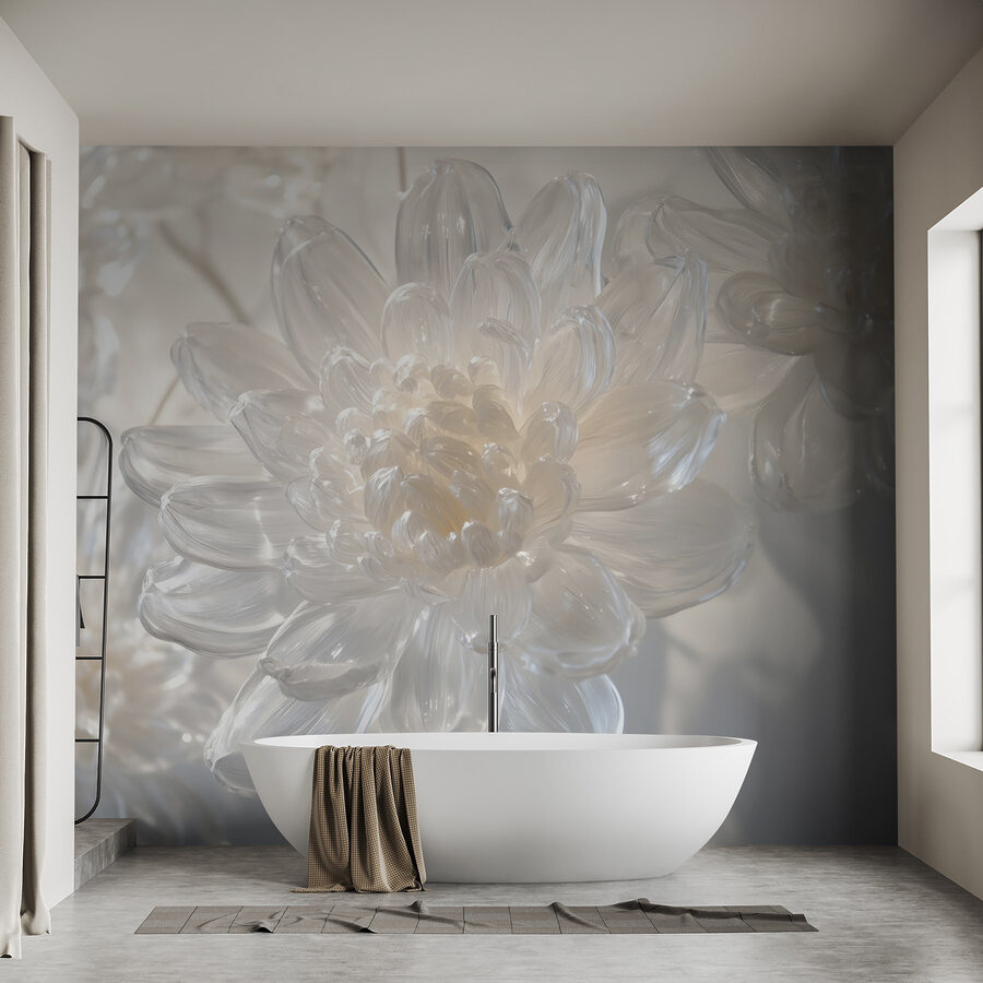 Delicate glass floral sculptures displayed.