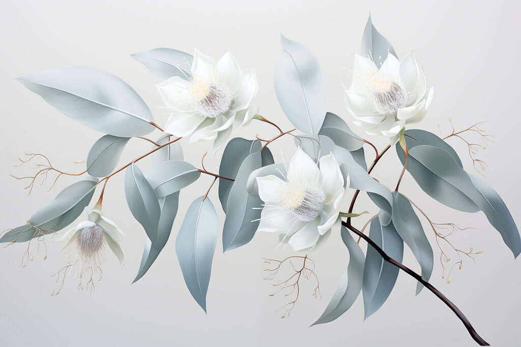 White flowers and leaves on a branch White flowers and leaves on a branch