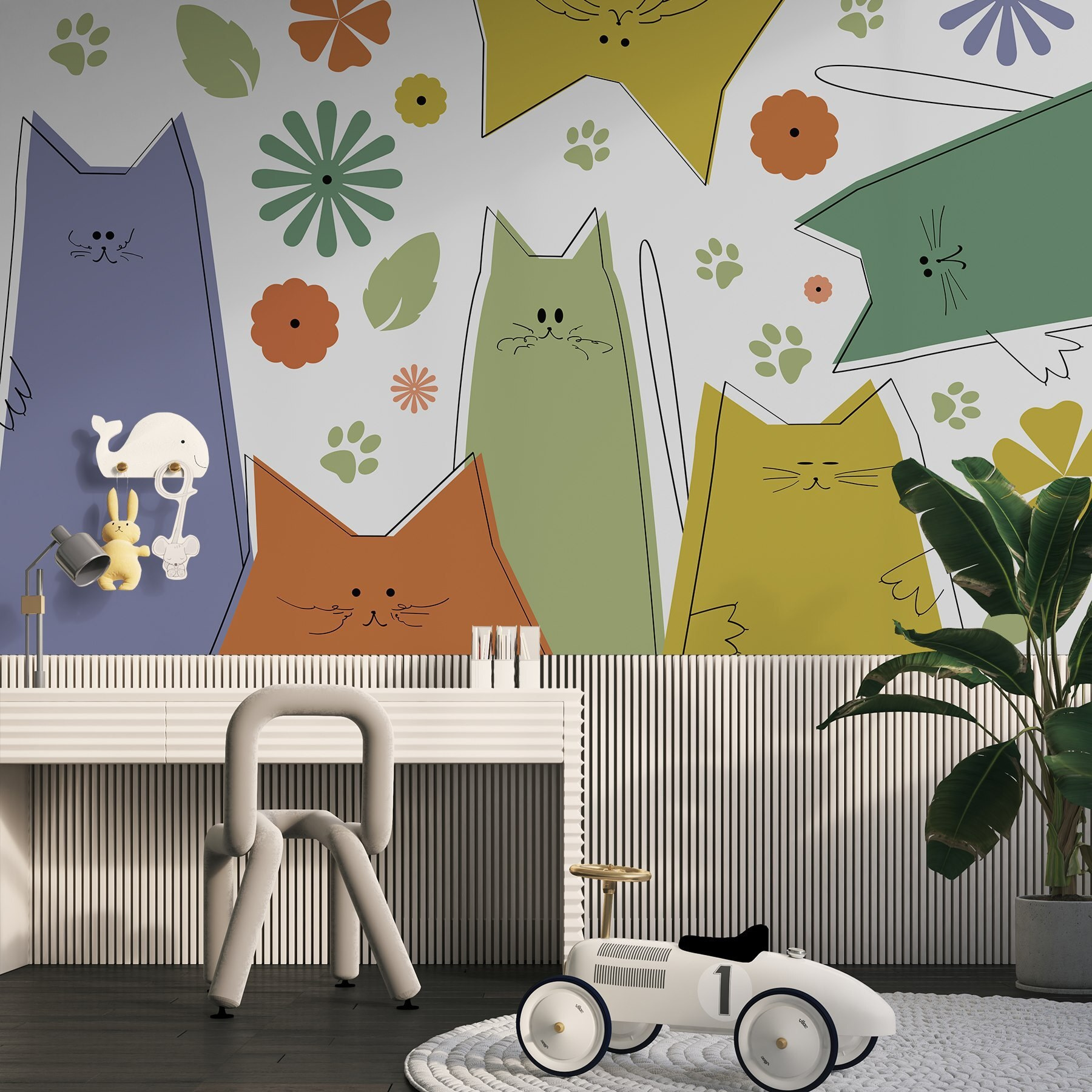 Group of cats with flowers and leaves