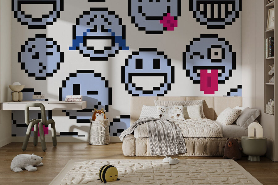 Wall murals Seamless pattern of blue smiley faces - Image 2