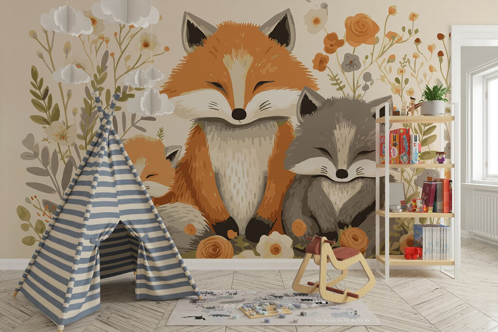 Fox and baby fox sitting in flowers Fox and baby fox sitting in flowers