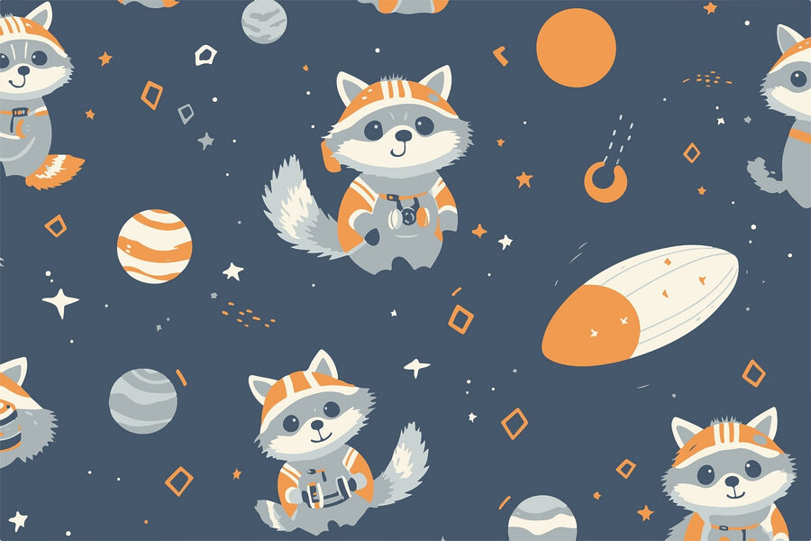 Pattern of raccoons and planets