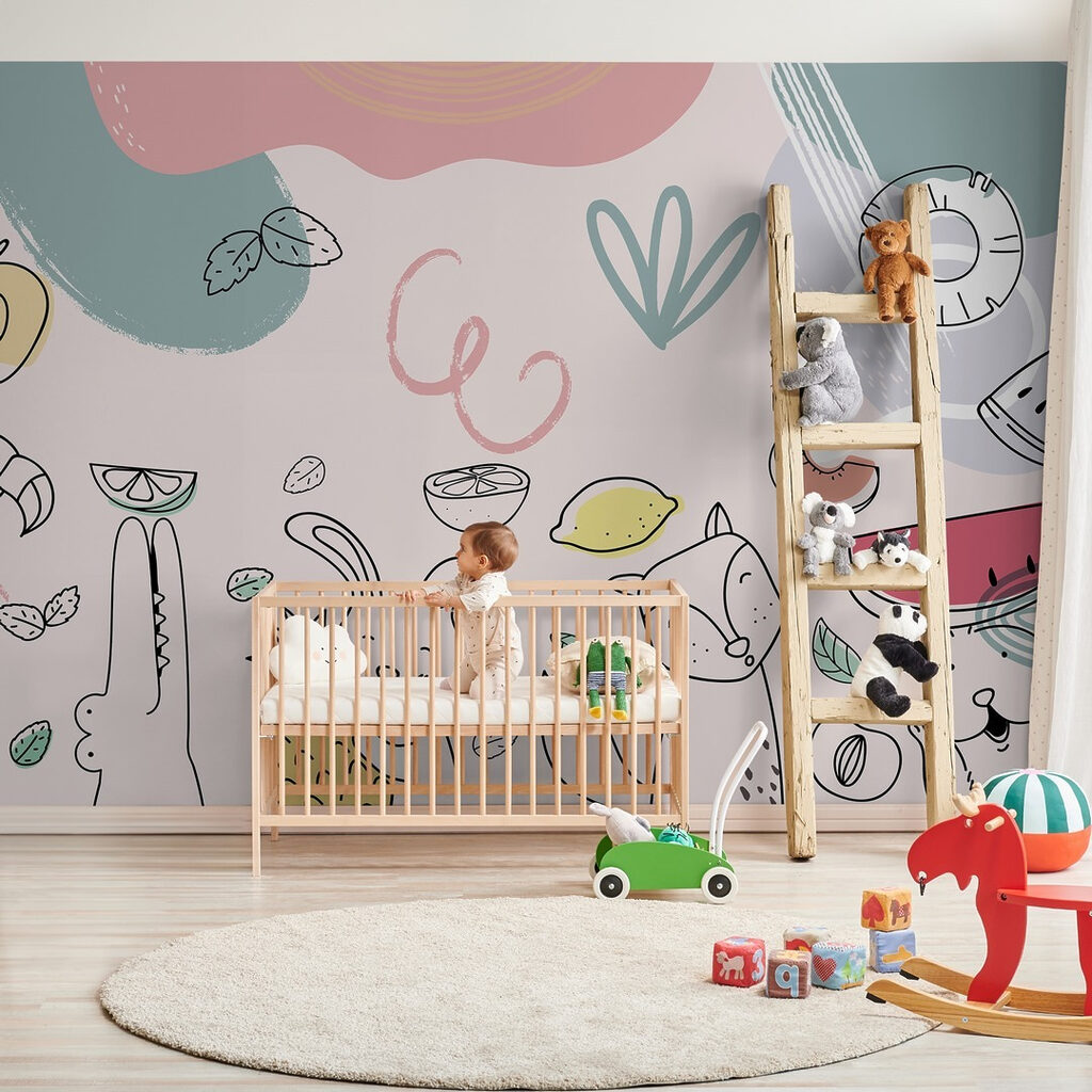 Cartoon animals holding fruits