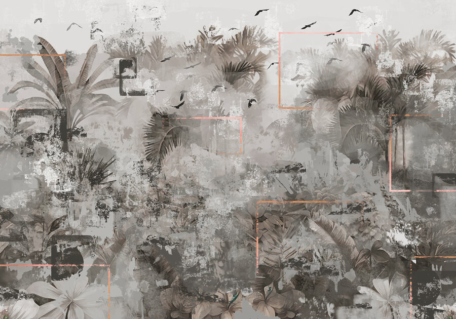 Grey and white wallpaper with birds flying around