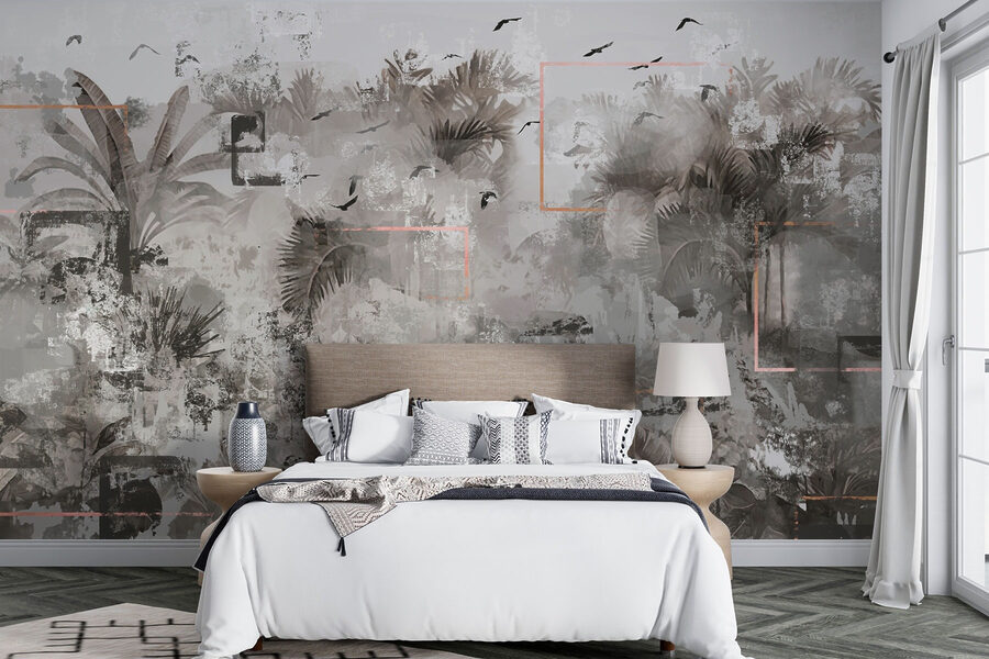 Grey and white wallpaper with birds flying around
