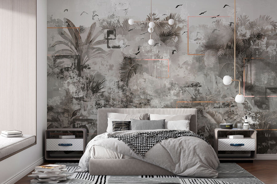Grey and white wallpaper with birds flying around