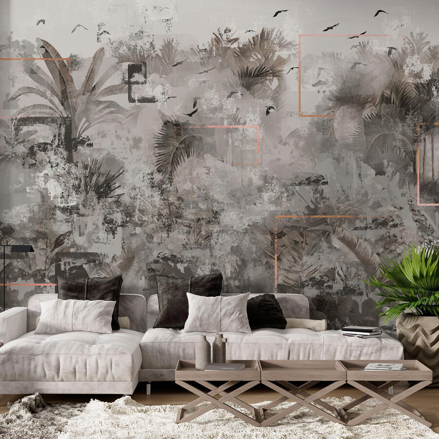 Grey and white wallpaper with birds flying around