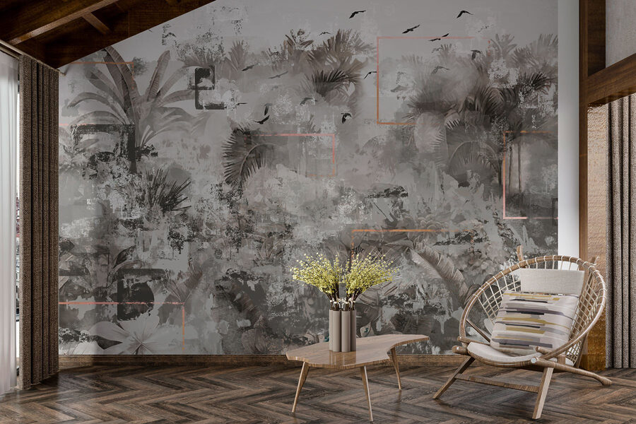 Grey and white wallpaper with birds flying around