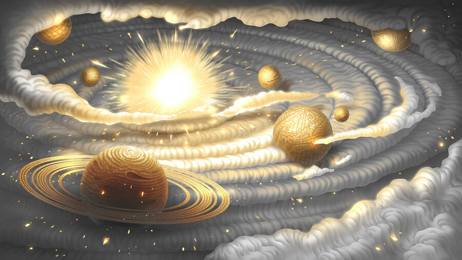 Planet with rings and stars in the sky