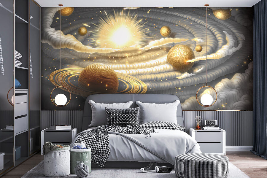 Planet with rings and stars in the sky