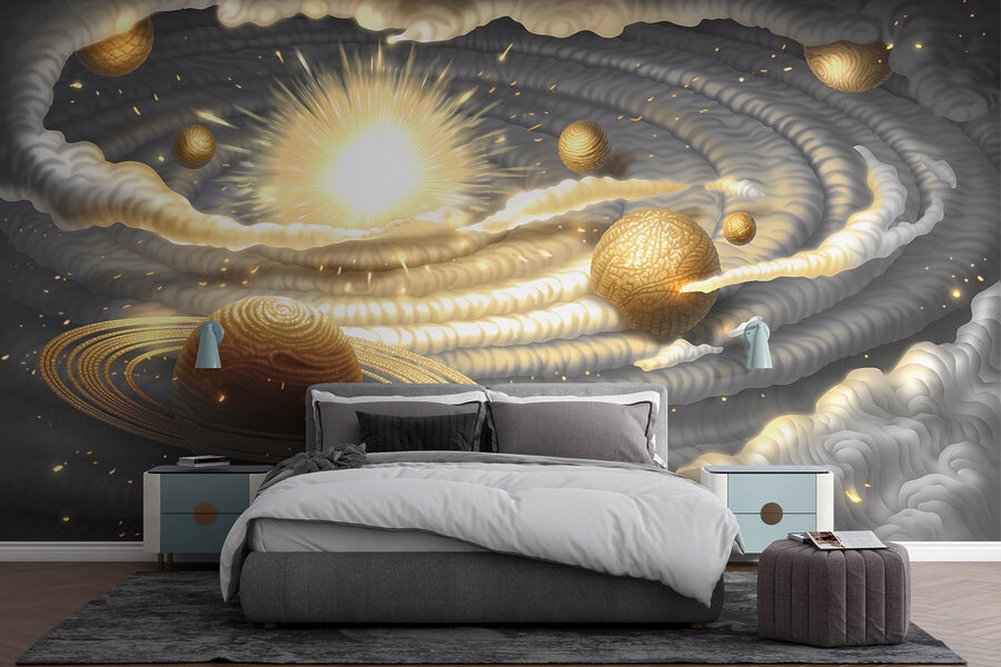 Planet with rings and stars in the sky