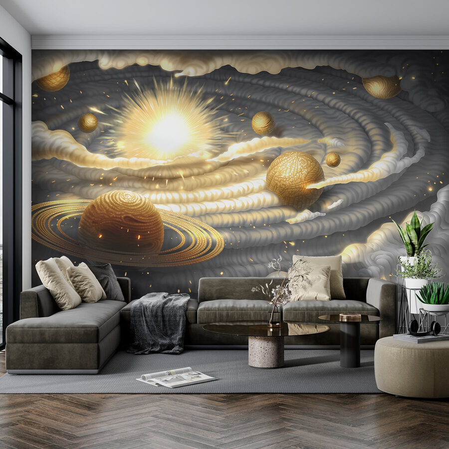 Planet with rings and stars in the sky