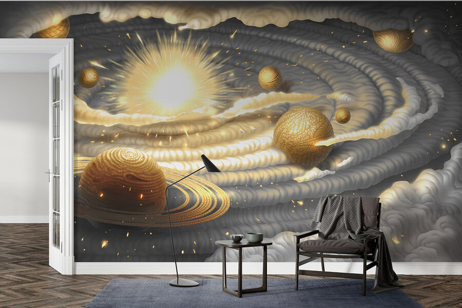 Planet with rings and stars in the sky