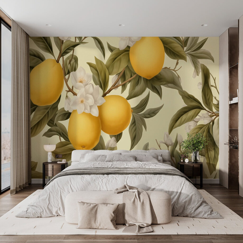 Wallpaper with lemons and flowers