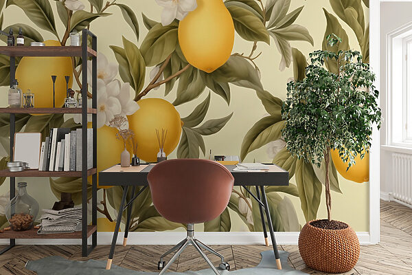 Wallpaper with lemons and flowers Wallpaper with lemons and flowers