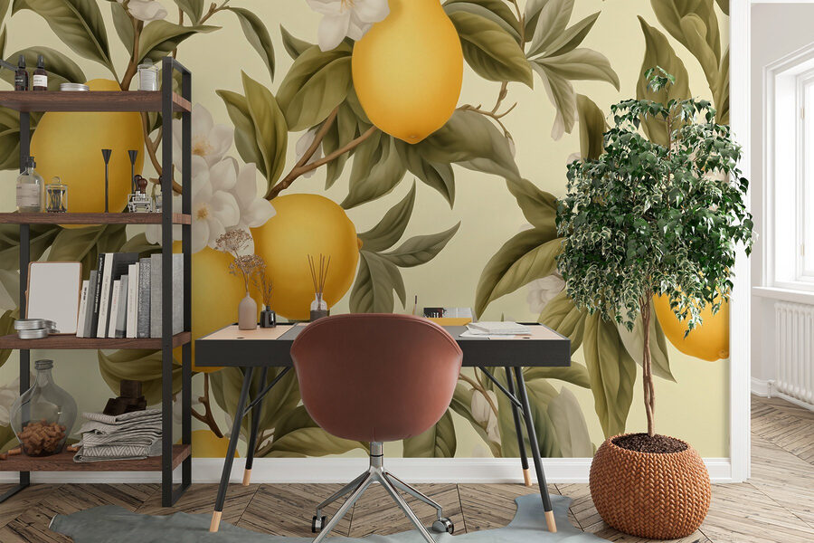 Wallpaper with lemons and flowers Wallpaper with lemons and flowers