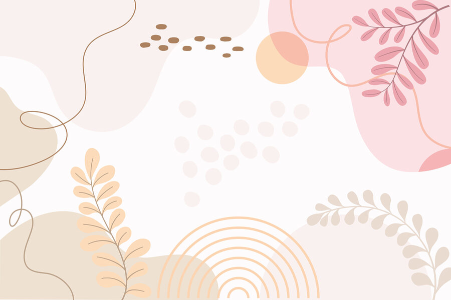 White background with pink and orange leaves and circles