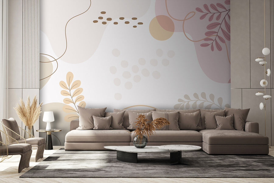 White background with pink and orange leaves and circles