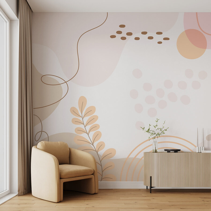 White background with pink and orange leaves and circles