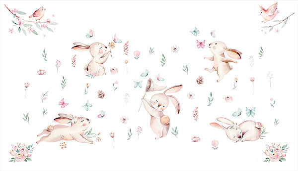 Group of rabbits with flowers and butterflies Group of rabbits with flowers and butterflies