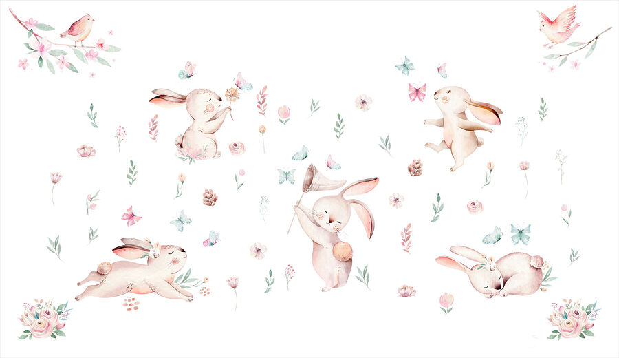 Group of rabbits with flowers and butterflies Group of rabbits with flowers and butterflies