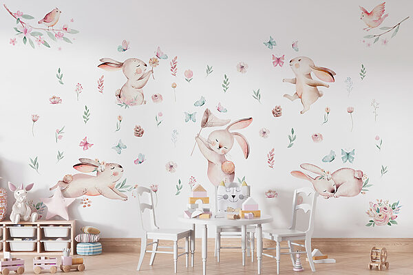 Group of rabbits with flowers and butterflies Group of rabbits with flowers and butterflies