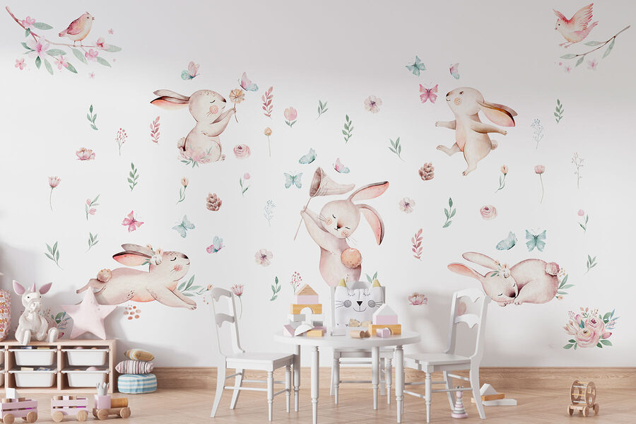 Group of rabbits with flowers and butterflies Group of rabbits with flowers and butterflies