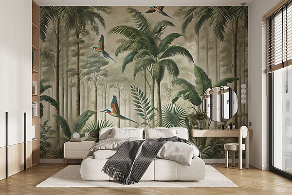 Mural of birds flying over a forest Mural of birds flying over a forest