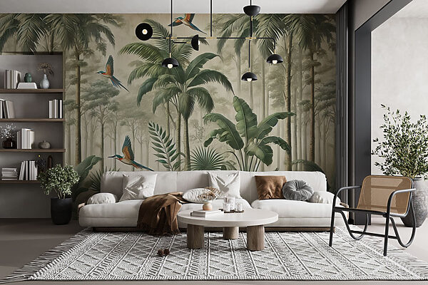 Mural of birds flying over a forest Mural of birds flying over a forest
