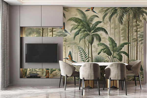 Mural of birds flying over a forest Mural of birds flying over a forest