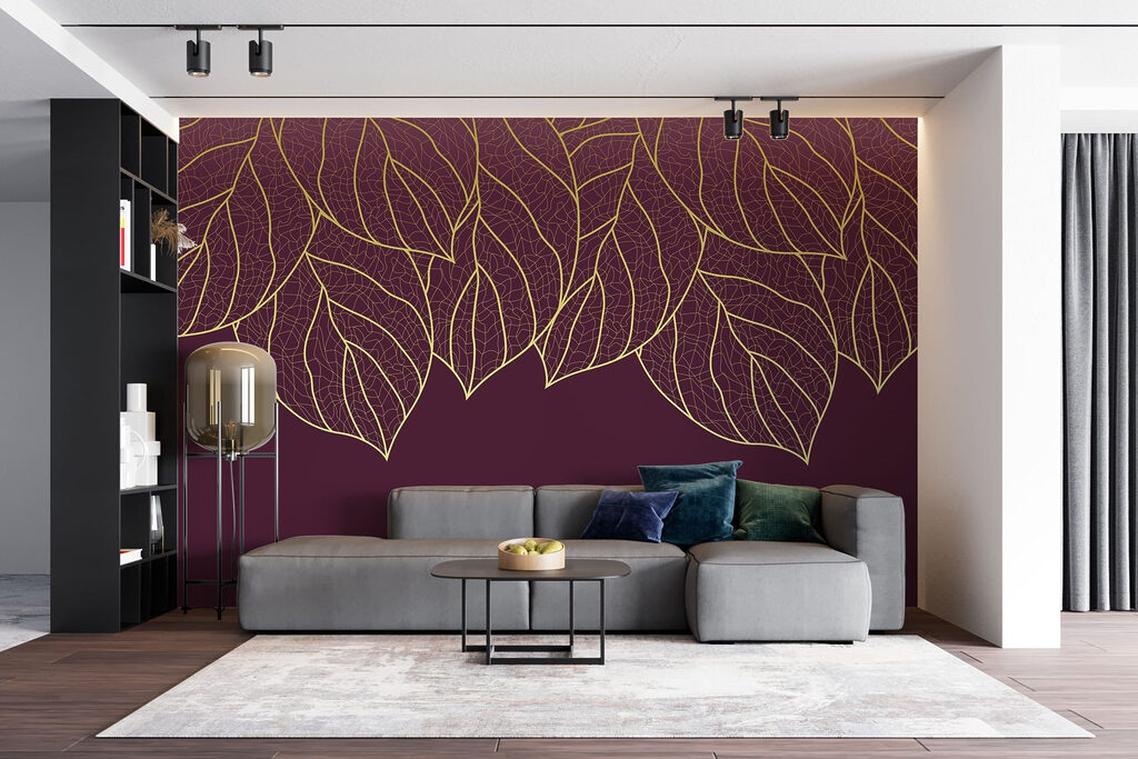 Elegant leaves on deep maroon background