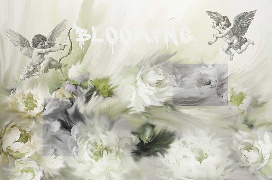 Painting of angels with a bow and arrow on flowers Painting of angels with a bow and arrow on flowers