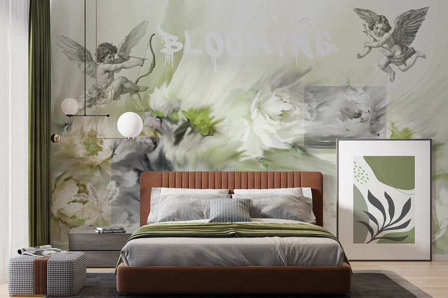 Painting of angels with a bow and arrow on flowers Painting of angels with a bow and arrow on flowers