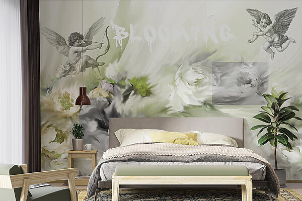 Painting of angels with a bow and arrow on flowers Painting of angels with a bow and arrow on flowers