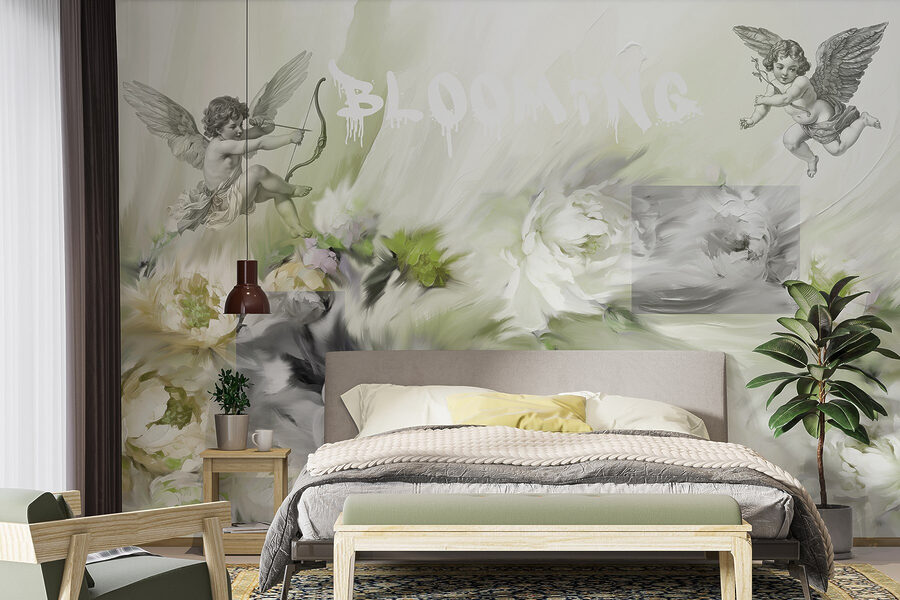 Painting of angels with a bow and arrow on flowers Painting of angels with a bow and arrow on flowers