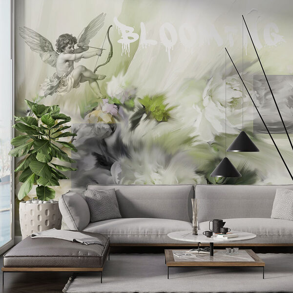 Painting of angels with a bow and arrow on flowers Painting of angels with a bow and arrow on flowers