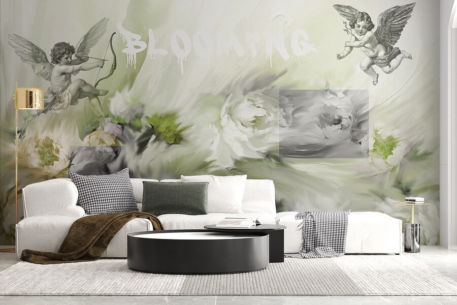 Painting of angels with a bow and arrow on flowers Painting of angels with a bow and arrow on flowers