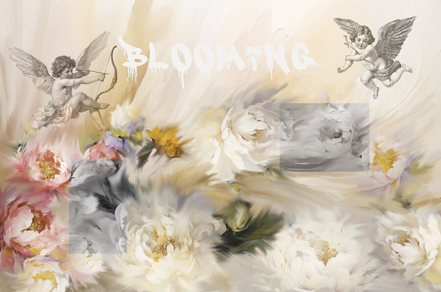 Painting of angels with a bow and arrow shooting flowers