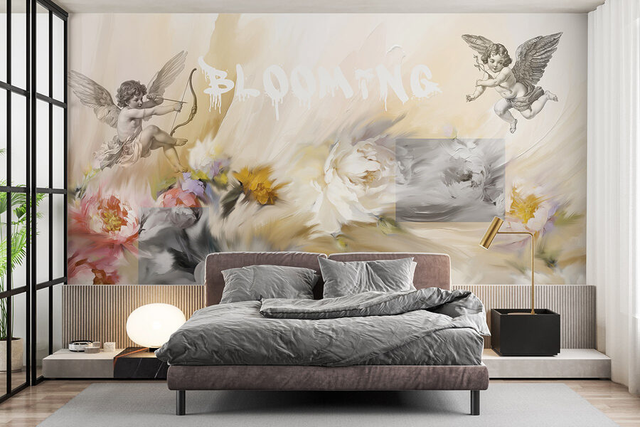 Painting of angels with a bow and arrow shooting flowers