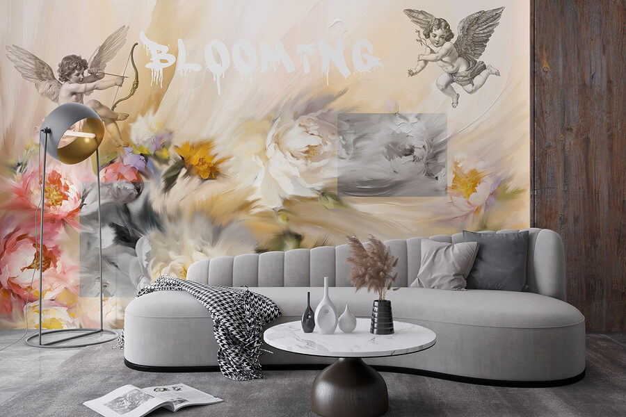 Painting of angels with a bow and arrow shooting flowers