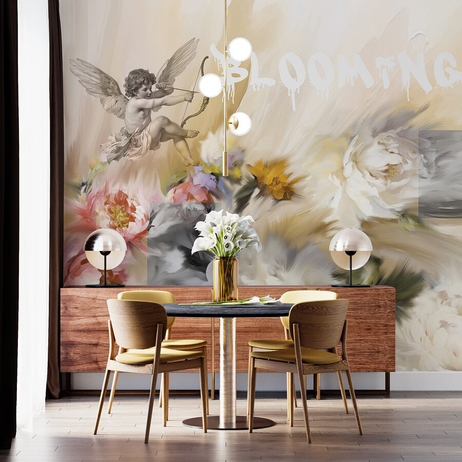 Painting of angels with a bow and arrow shooting flowers