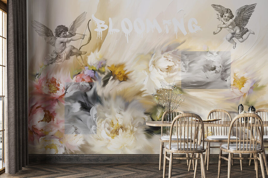 Painting of angels with a bow and arrow shooting flowers