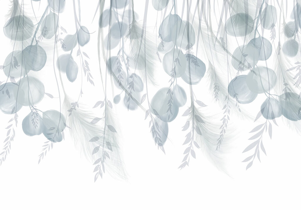 White and gray background with feathers and flowers White and gray background with feathers and flowers