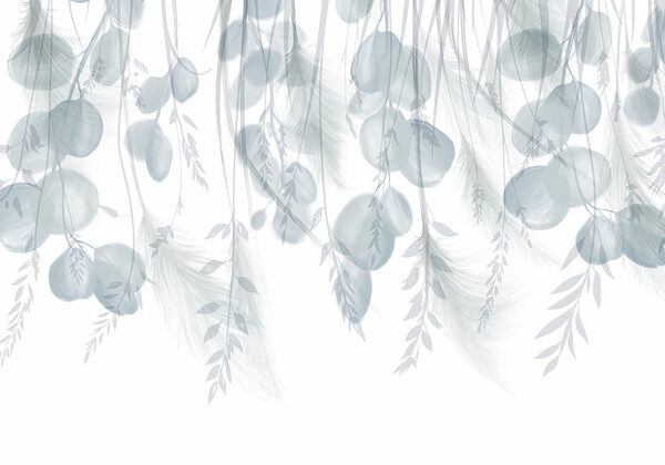 White and gray background with feathers and flowers White and gray background with feathers and flowers