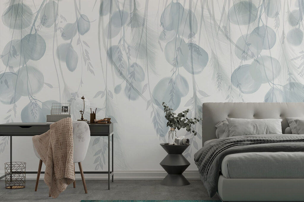 White and gray background with feathers and flowers