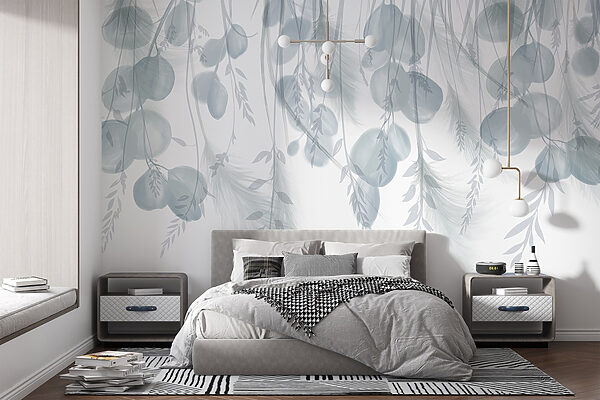 White and gray background with feathers and flowers White and gray background with feathers and flowers