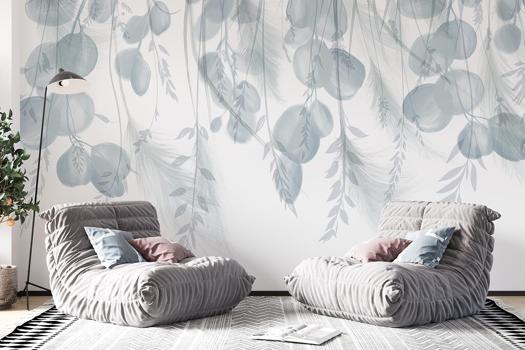 White and gray background with feathers and flowers