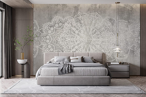 White ornate design on a grey surface White ornate design on a grey surface